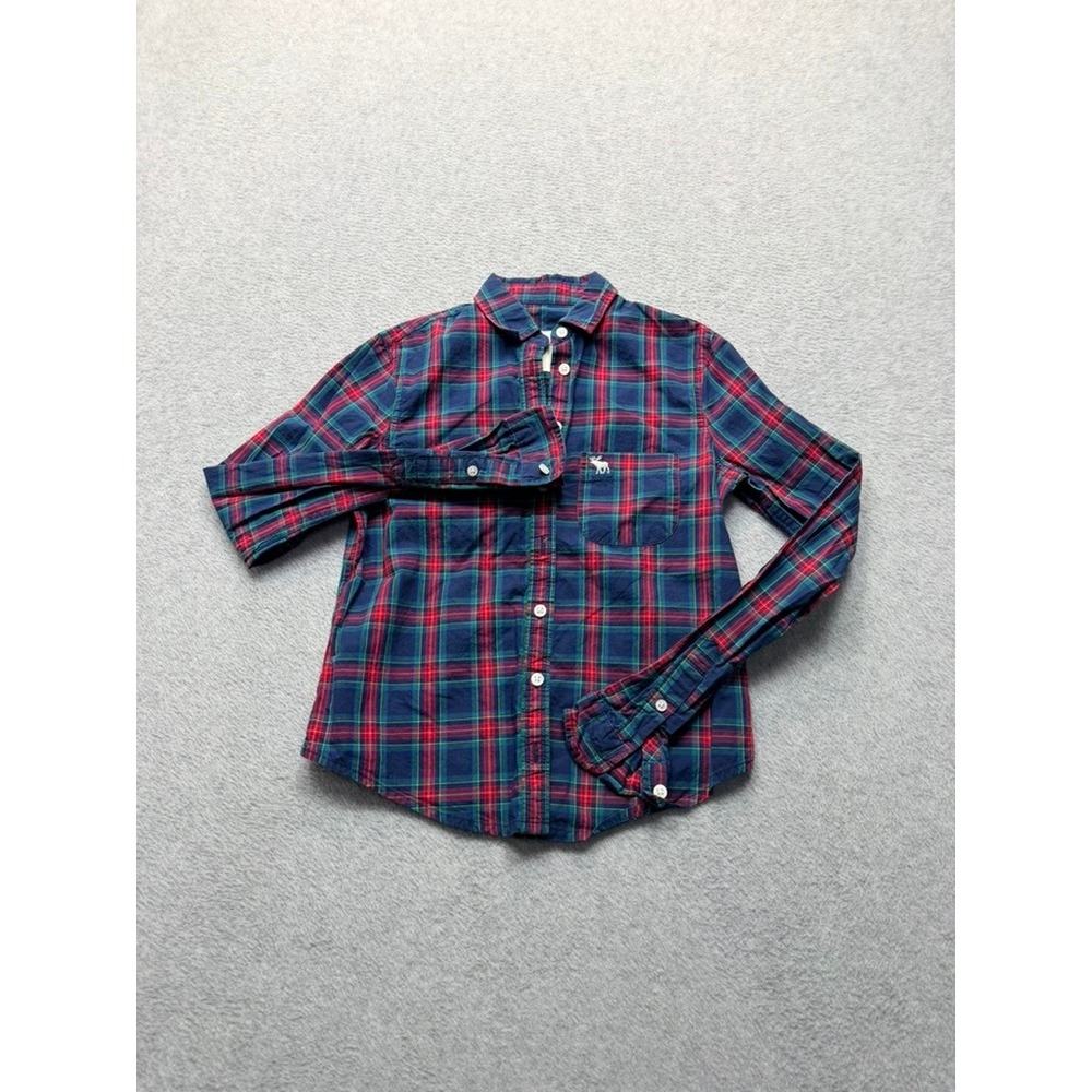 Abercrombie Kids Navy Blue Red Plaid Flannel Button Down Shirt Long Sleeve L
